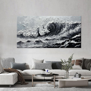 Large Gray And White Seawaves Seascape Oil Painting On Canvas Handmade Black Texture Knife Thick Wall Art For Living Room Decor Mural