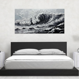 Large Gray And White Seawaves Seascape Oil Painting On Canvas Handmade Black Texture Knife Thick Wall Art For Living Room Decor Mural
