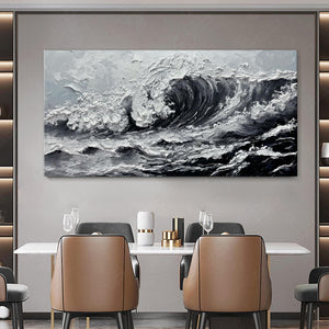 Large Gray And White Seawaves Seascape Oil Painting On Canvas Handmade Black Texture Knife Thick Wall Art For Living Room Decor Mural